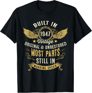 Vintage Built In 1947 The Forties 40s Funny 75th Birthday T-Shirt - T-Shirt | Black