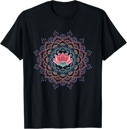 Pink & Purple Lotus Flower Mandala Meditation T-Shirt - T-Shirt | Black