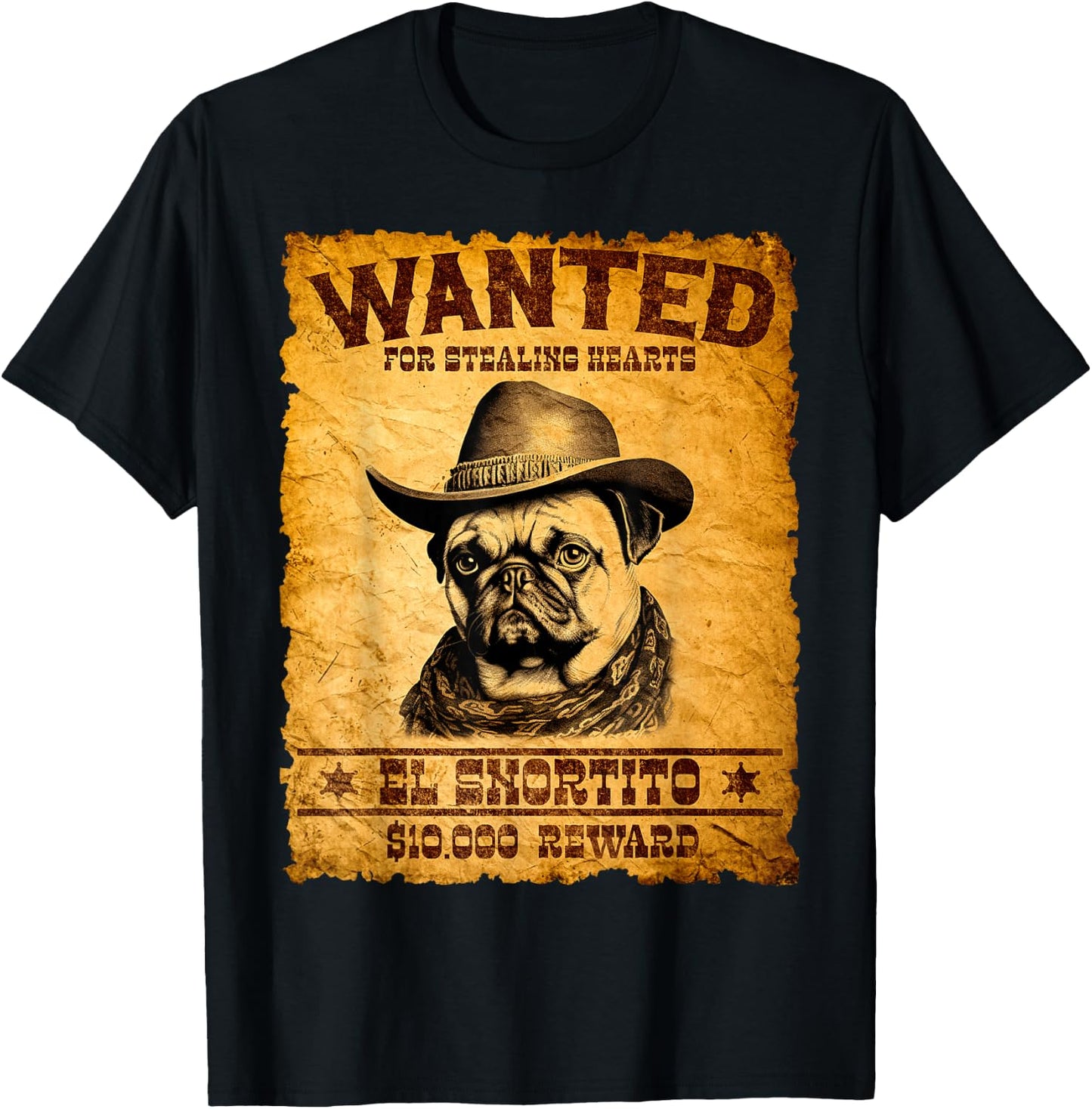 Funny Vintage Pug Wanted Poster Cute Western Cowboy Pug Dog T-Shirt - T-Shirt | Black