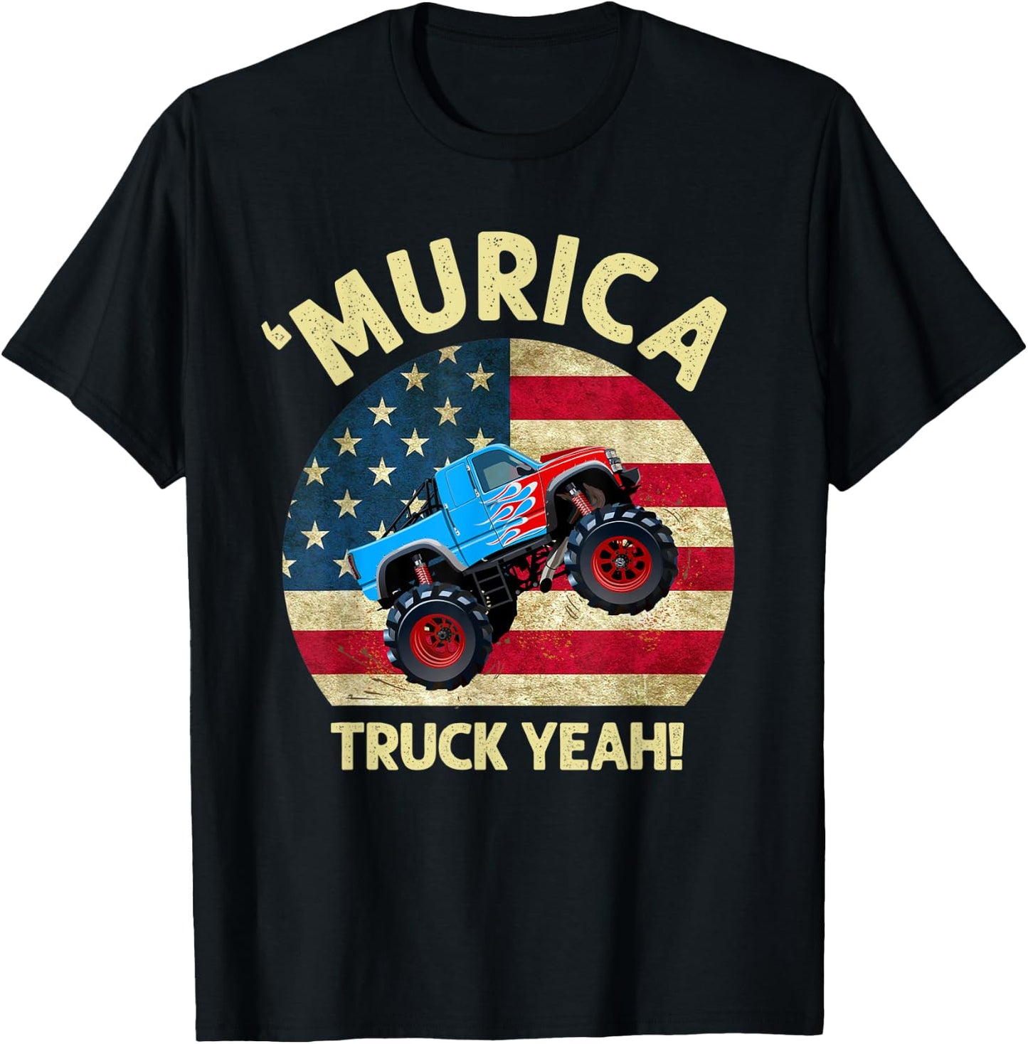 Murica Truck Yeah Patriotic Funny US American Flag 4th July Women Men T-Shirt - T-Shirt | Black