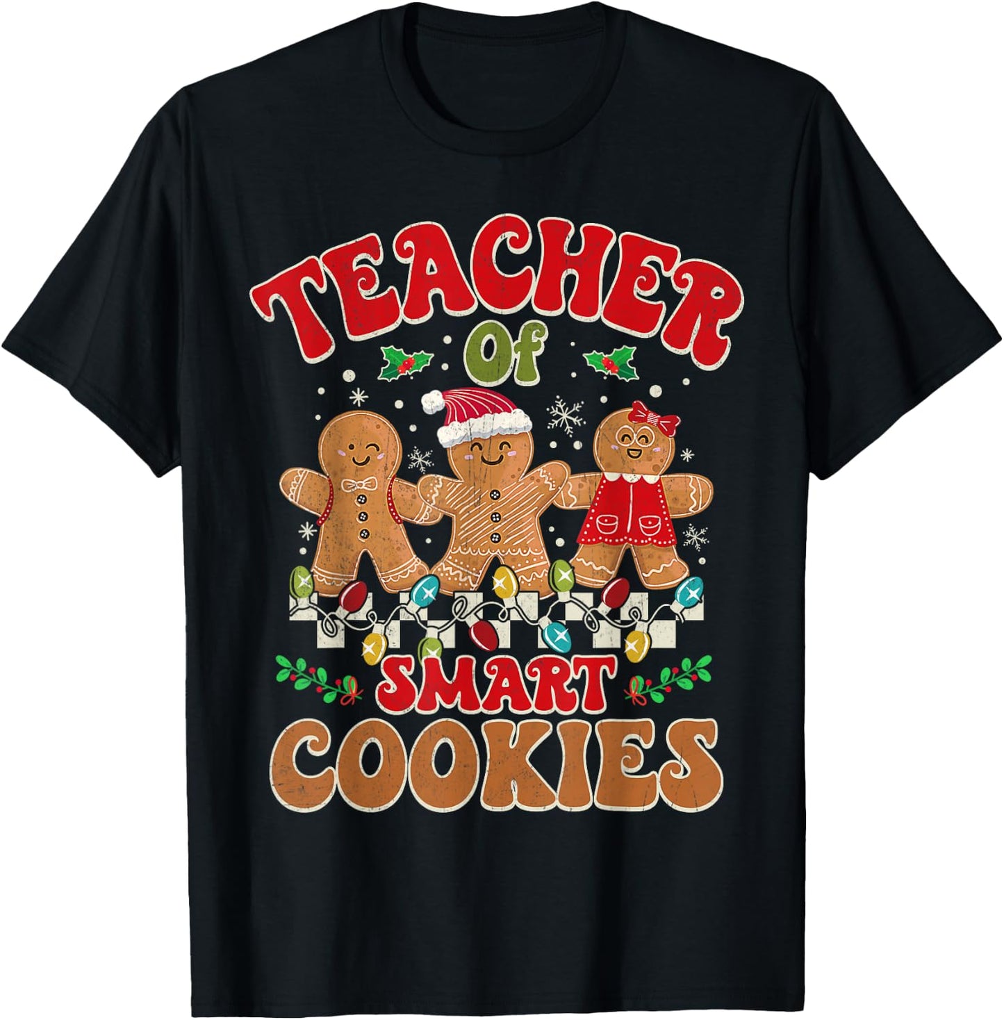 Groovy Retro Christmas Teacher Cute Gingerbread Cookies T-Shirt - T-Shirt | Black