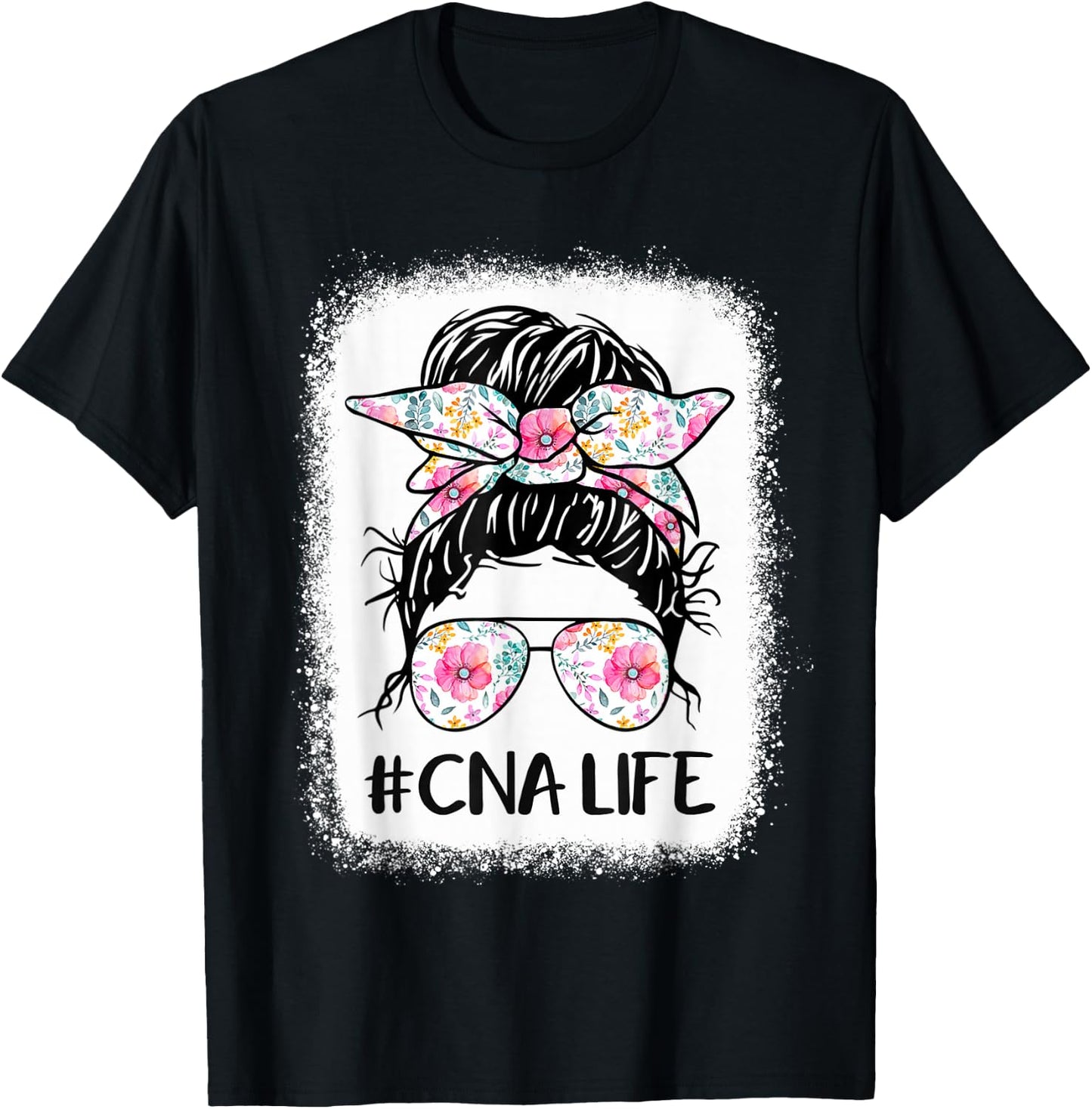 CNA Life Bleached Shirts Flower Messy Bun CnaLife T-Shirt - T-Shirt | Black