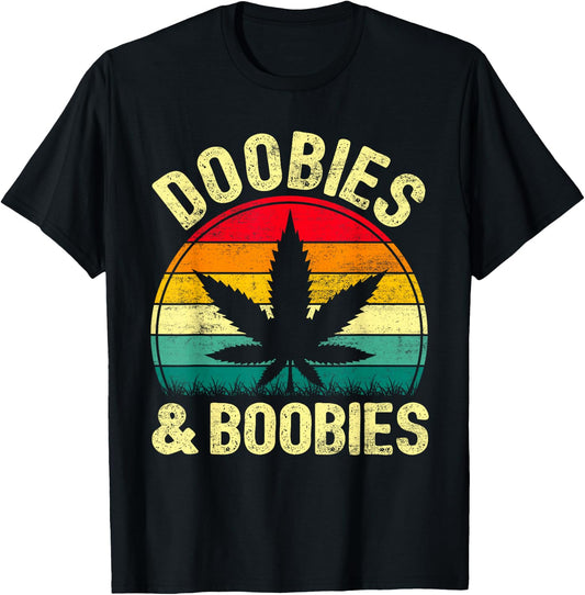 Funny Doobies And Boobies Retro Weed Cannabis 420 Dad Papa T-Shirt - T-Shirt | Black