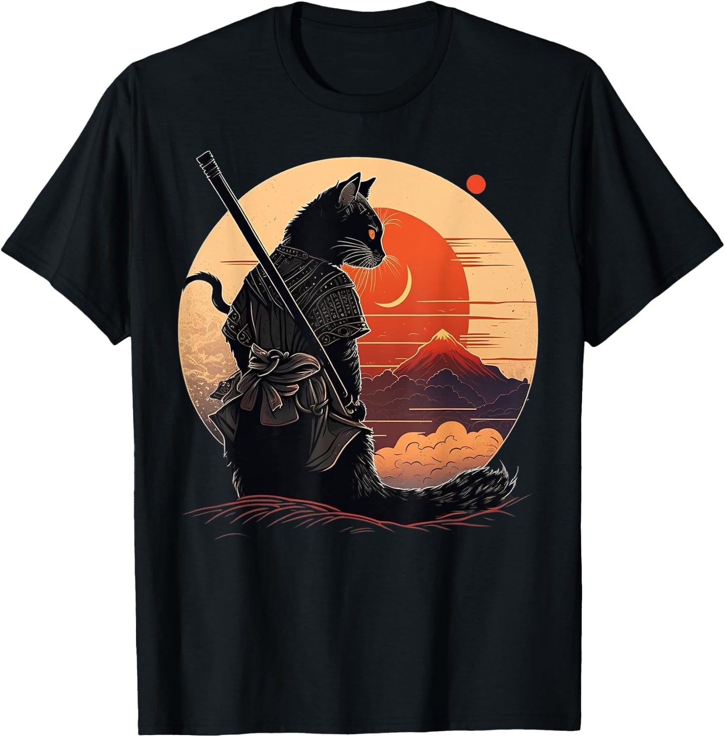 Vintage Japanese Sunset Style and samurai cat Kitten Lover Men Women Kids T-Shirt - T-Shirt | Black