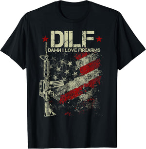 Funny DILF - Damn I Love Firearms Gun American Flag T-Shirt - T-Shirt | Black