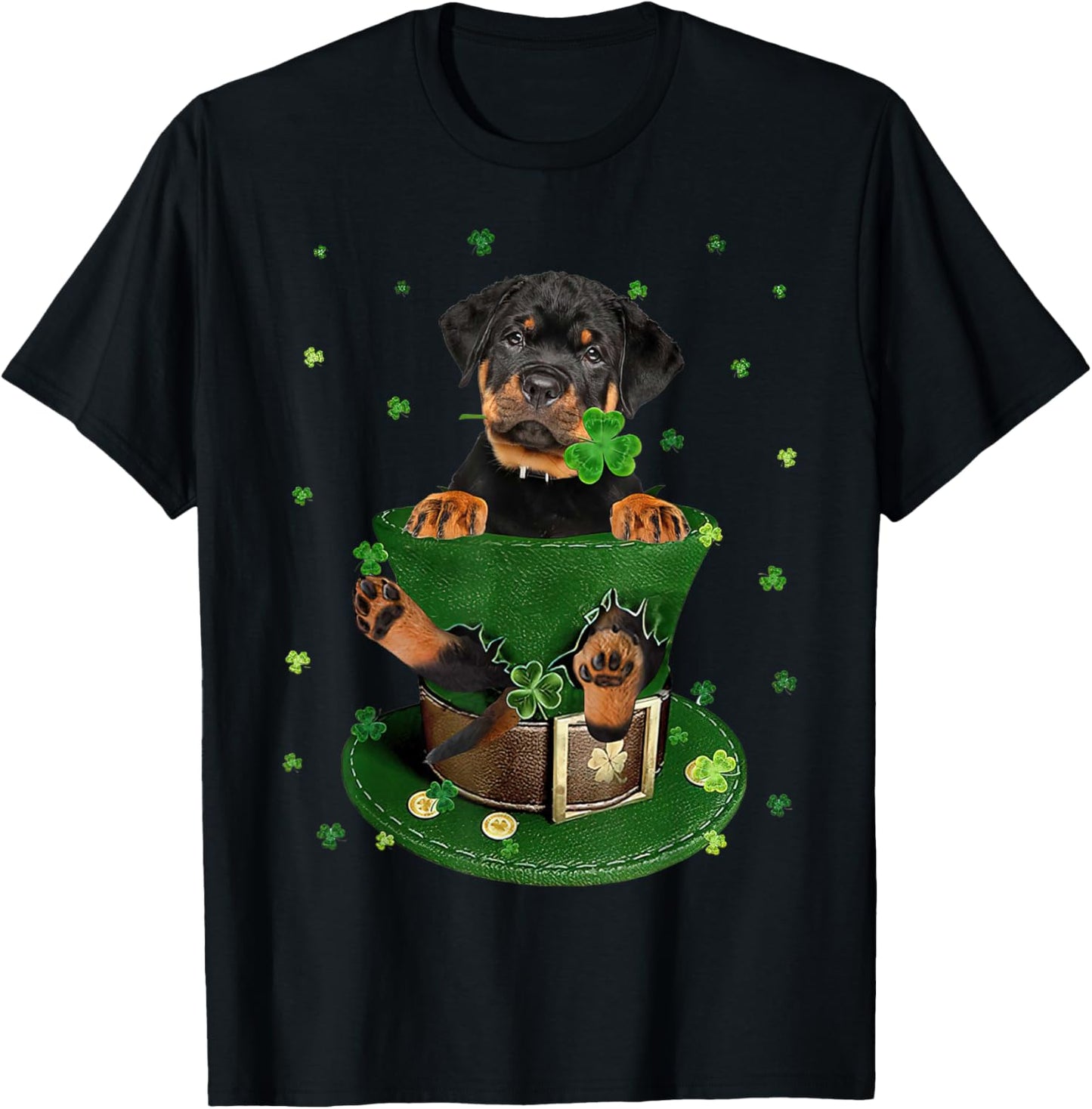 St Patrick's Day Leprechaun Rottweiler Dog Shamrock Irish T-Shirt - T-Shirt | Black