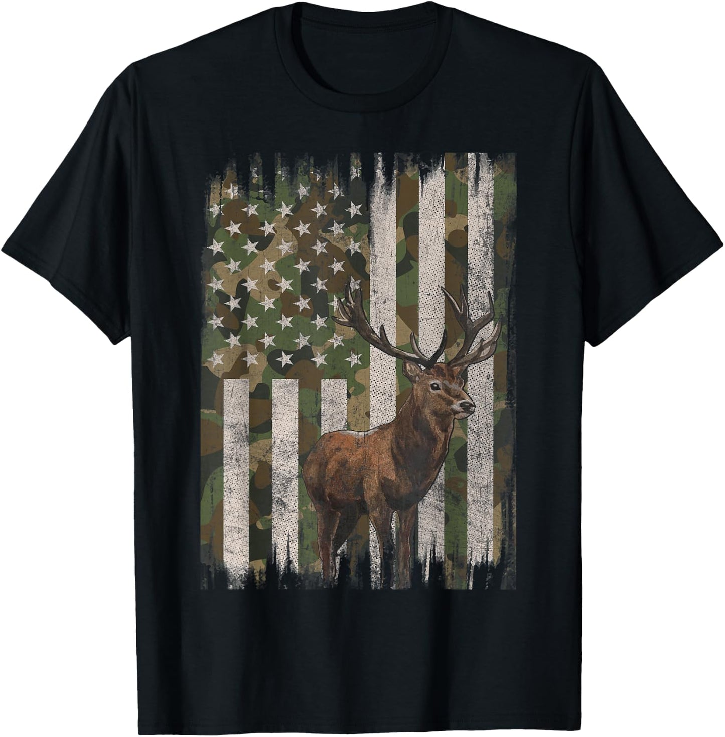 Deer Hunting Whitetail Camo American US Flag Elk Buck T-Shirt - T-Shirt | Black