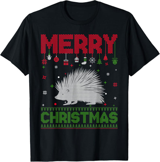 Ugly Holiday Sweater Christmas Funny Porcupine Graphic T-Shirt - T-Shirt | Black