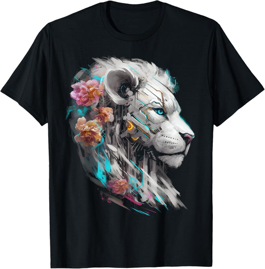 White Lion Fantasy Flowers Art - Blue Eyes Animal Lion T-Shirt - T-Shirt | Black