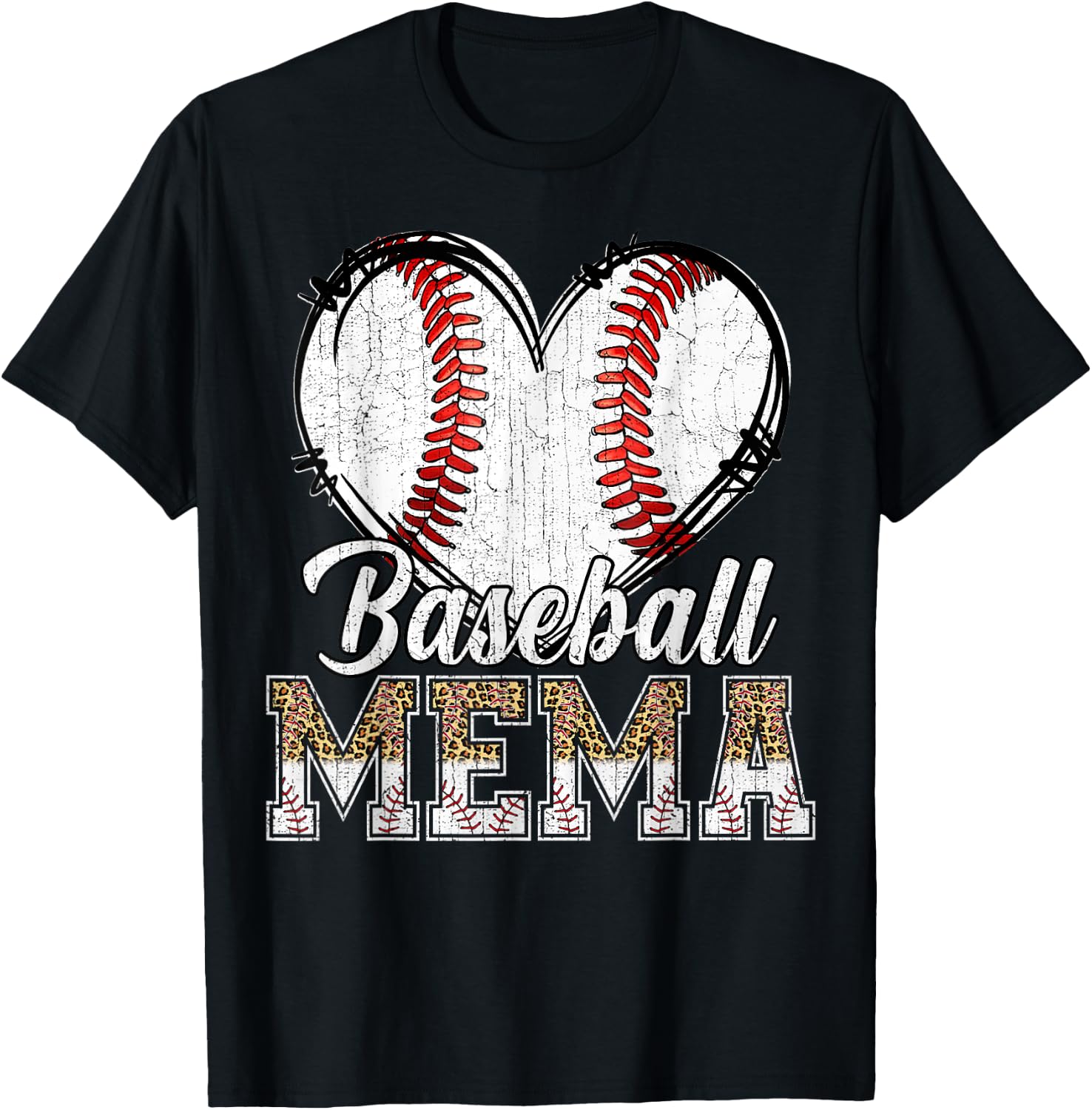 Softball Baseball Mema Heart Leopard Print Mother's Day T-Shirt - T-Shirt | Black