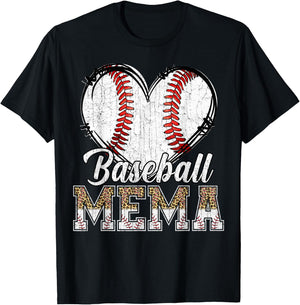 Softball Baseball Mema Heart Leopard Print Mother's Day T-Shirt - T-Shirt | Black