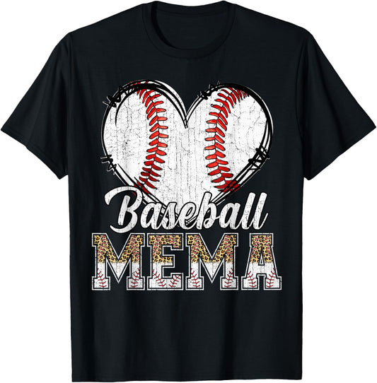 Softball Baseball Mema Heart Leopard Print Mother's Day T-Shirt - T-Shirt | Black