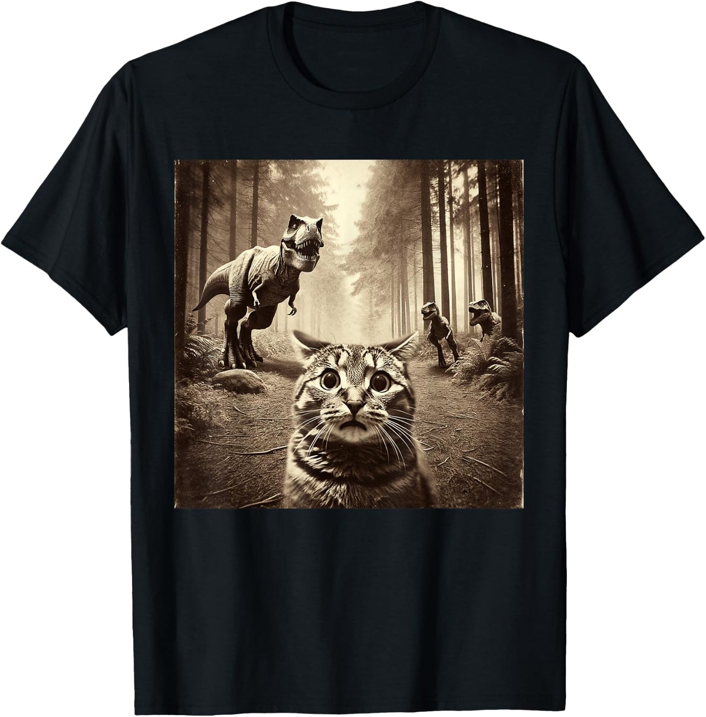 Funny Last Selfie Of Cat Before T-Rex Attack Hilarious Cat T-Shirt - T-Shirt | Black