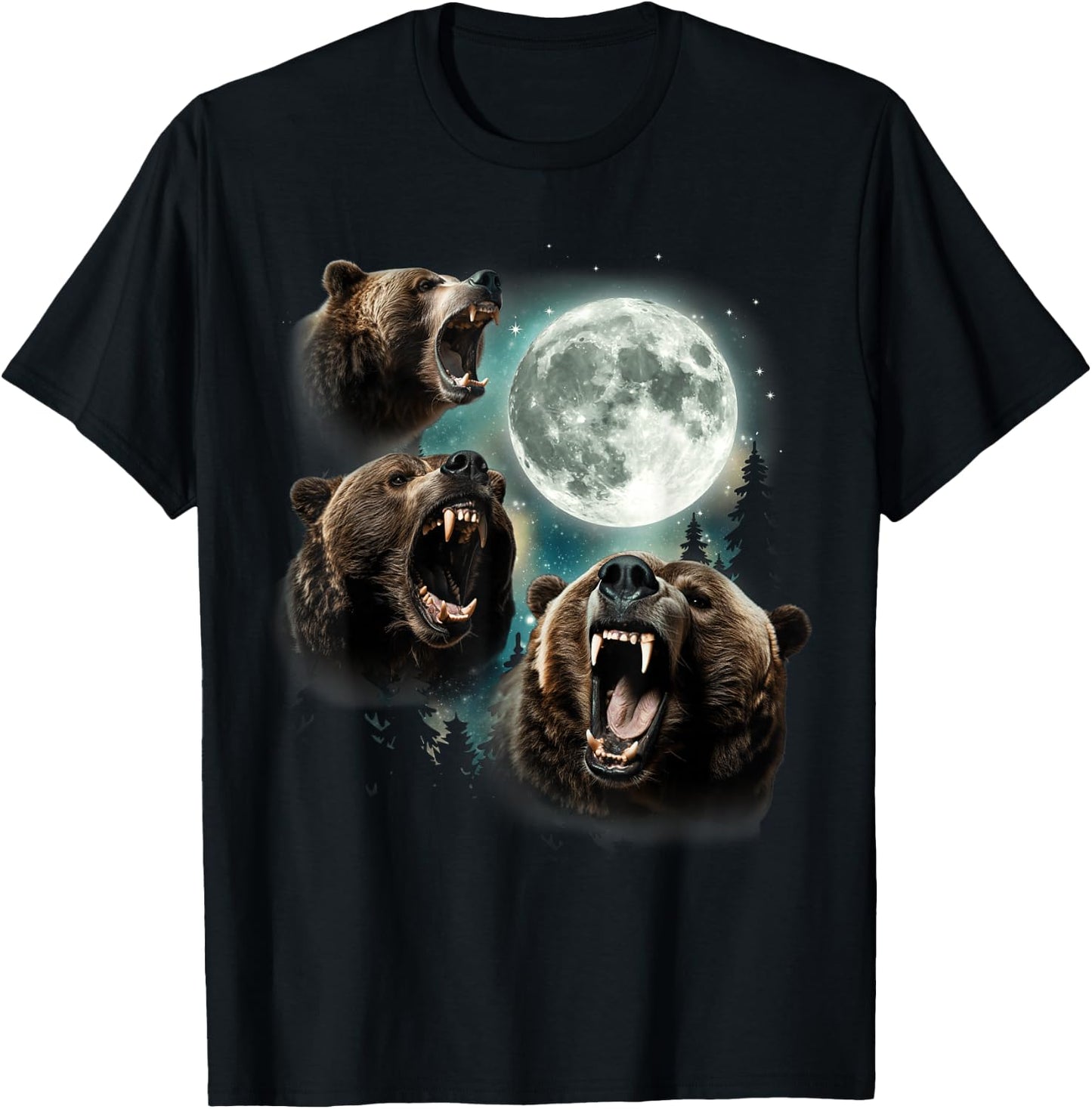 Three Grizzly Bears Howl At Moon Starry Mountain Forest Bear T-Shirt - T-Shirt | Black
