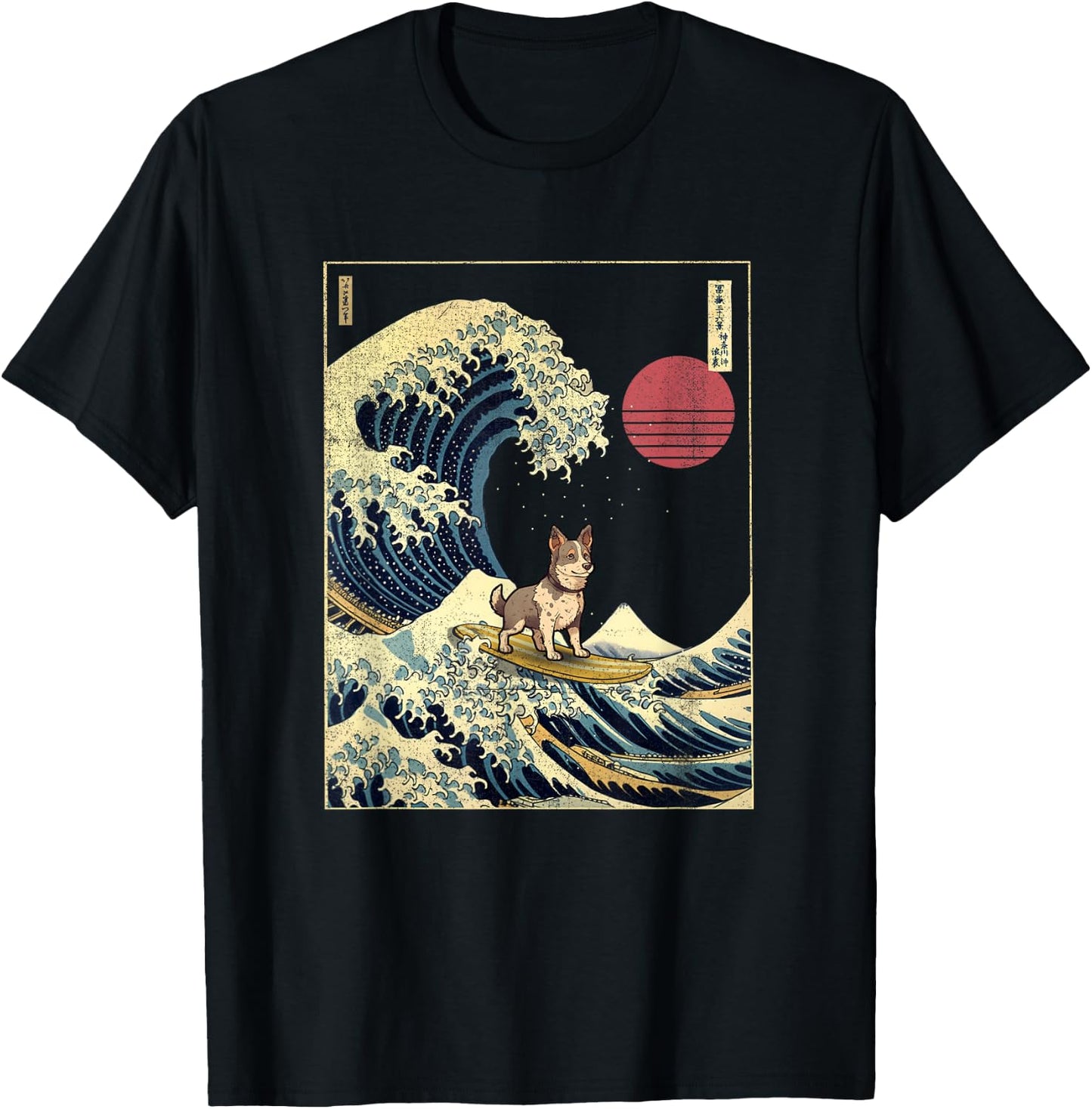 Texas Heeler Japanese Kanagawa Wave Funny Surf Dog Men Women Girls Kids T-Shirt - T-Shirt | Black