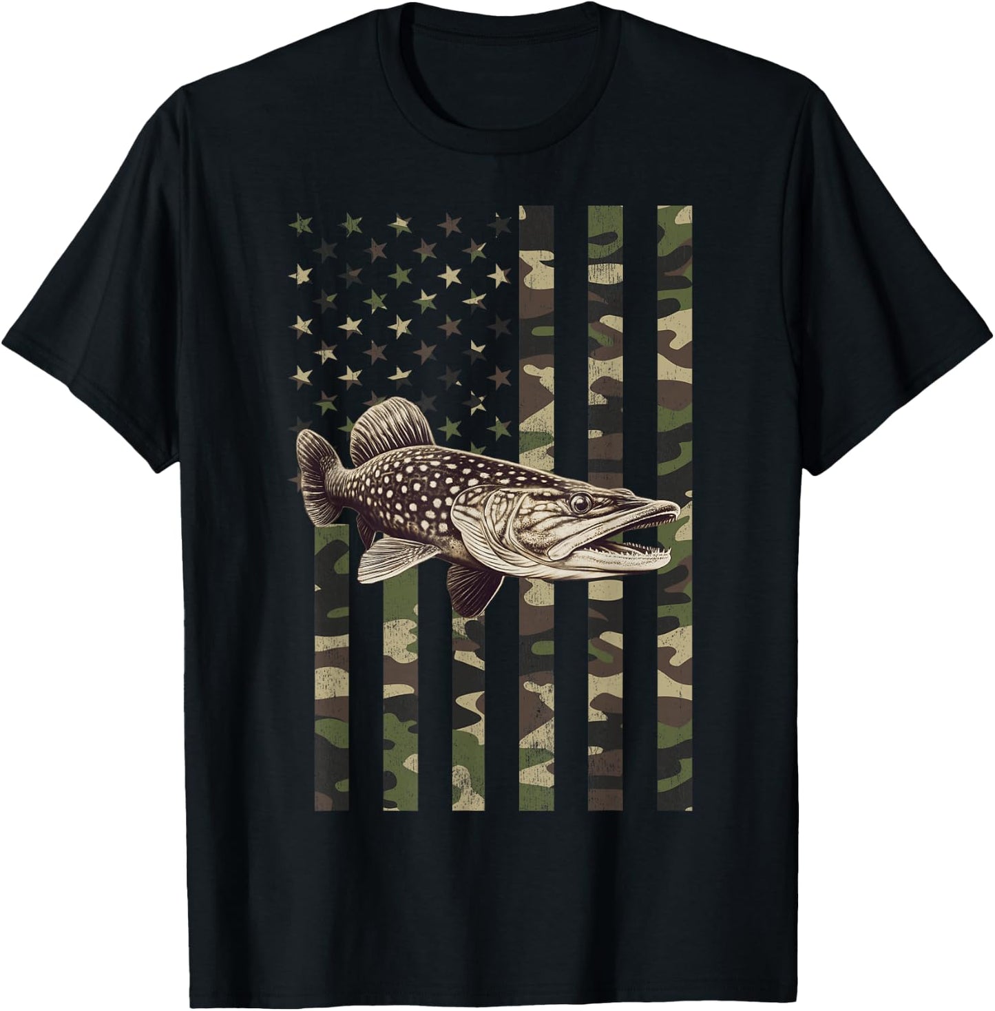 Northern Pike with Camo American Flag, Northern Pike T-Shirt - T-Shirt | Black