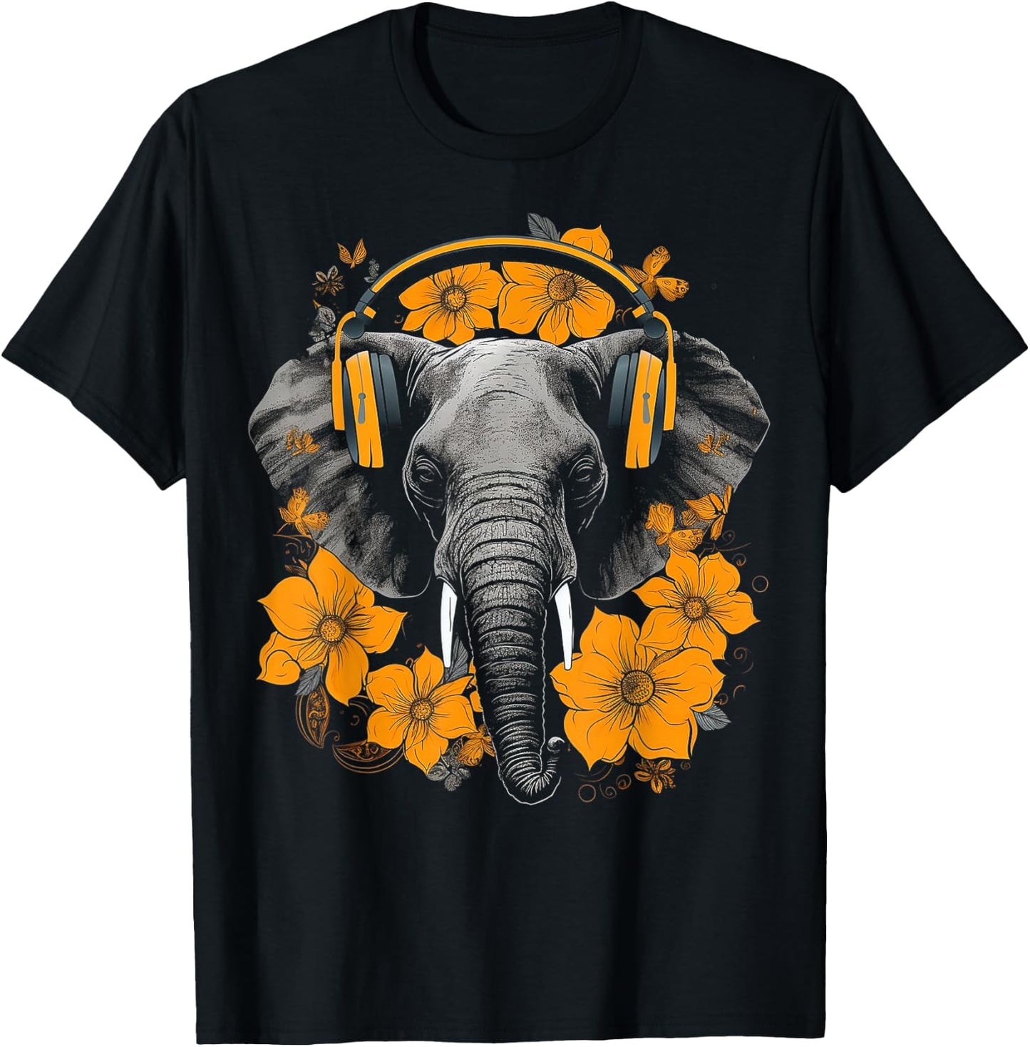 Elephant Headphones Artwork | Music Animal Flower Elephant T-Shirt - T-Shirt | Black