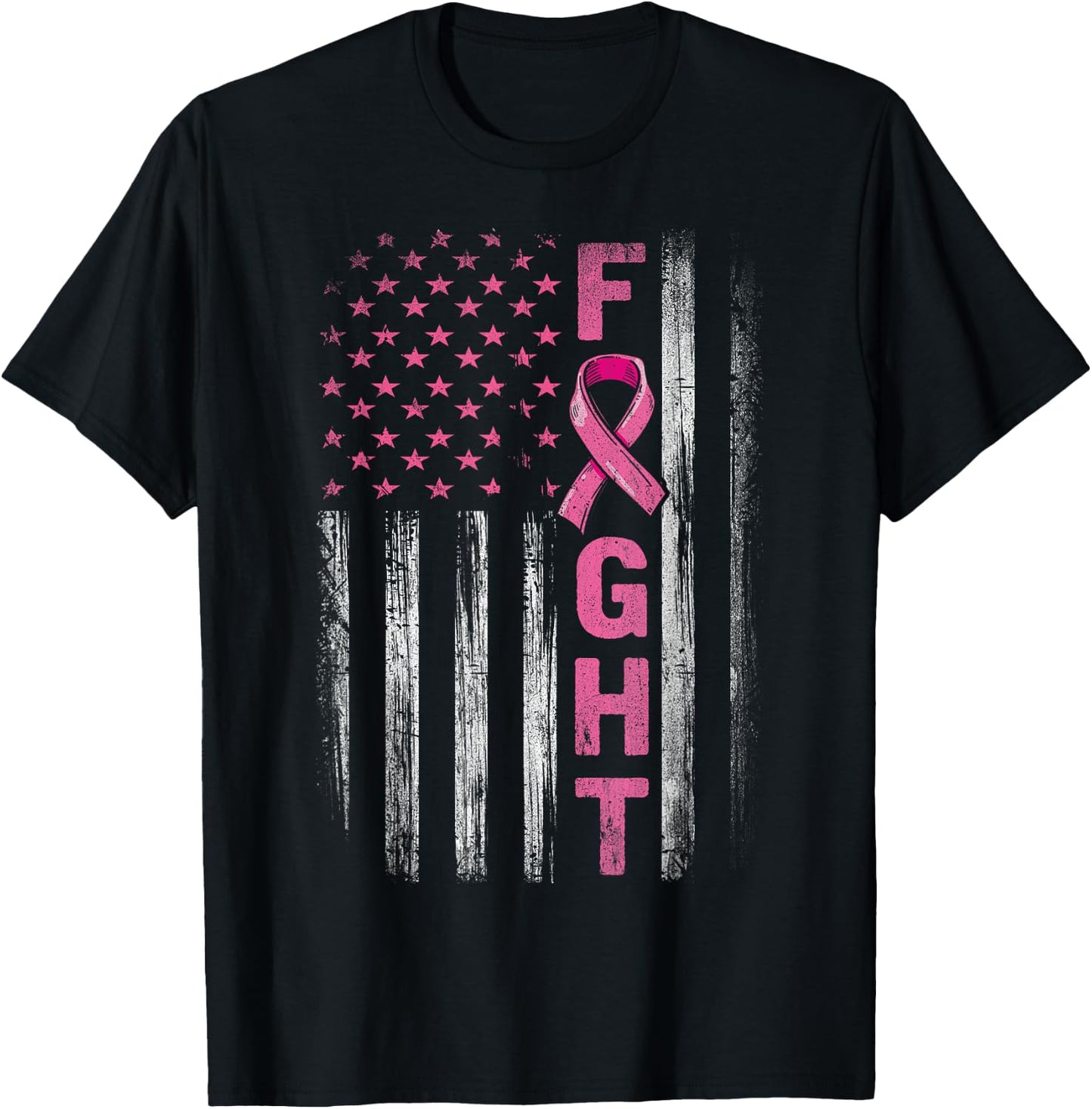 Fight Breast Survivor American Flag Breast Cancer Awareness T-Shirt - T-Shirt | Black