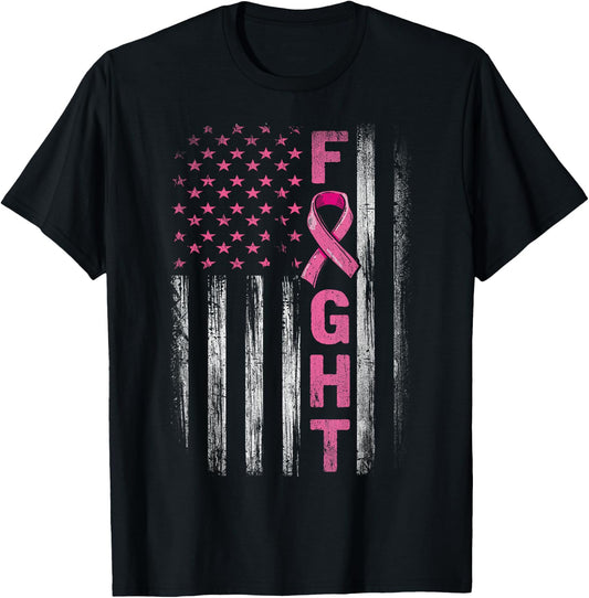 Fight Breast Survivor American Flag Breast Cancer Awareness T-Shirt - T-Shirt | Black