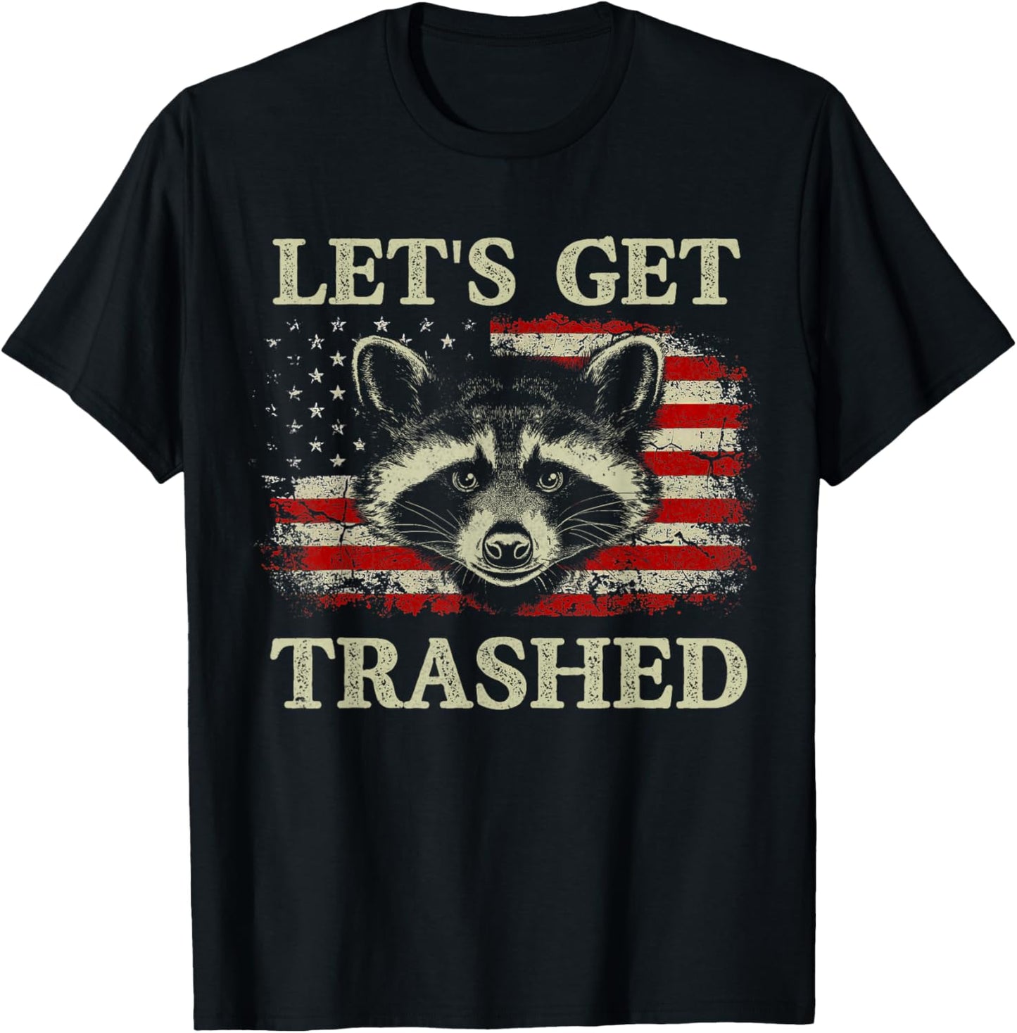 Funny Raccoon Let's Get Trashed Vintage American Flag T-Shirt - T-Shirt | Black