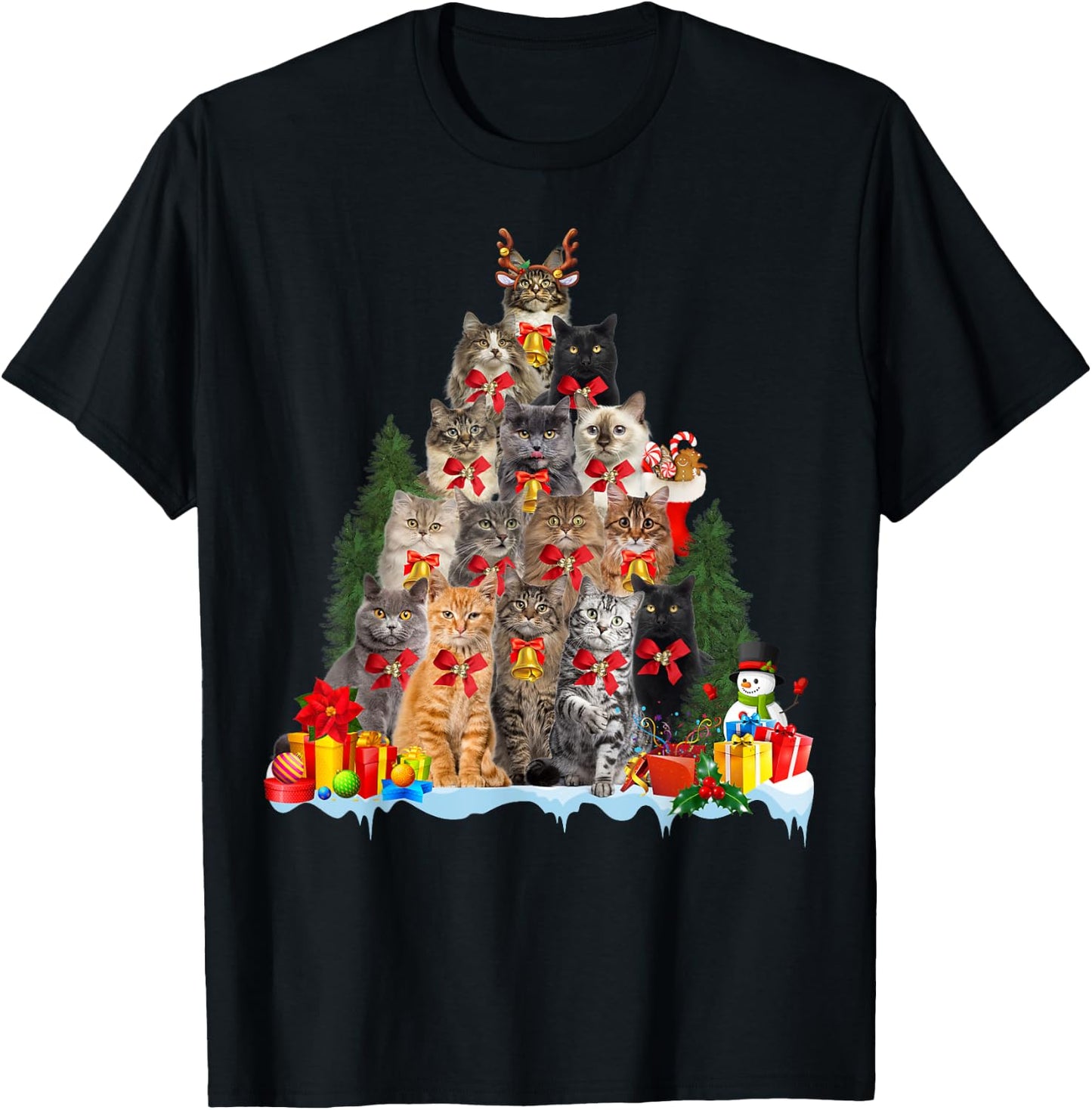 Christmas Pajama Cat Xmas Tree Ornament Cat Lover, Cat Mom T-Shirt - T-Shirt | Black