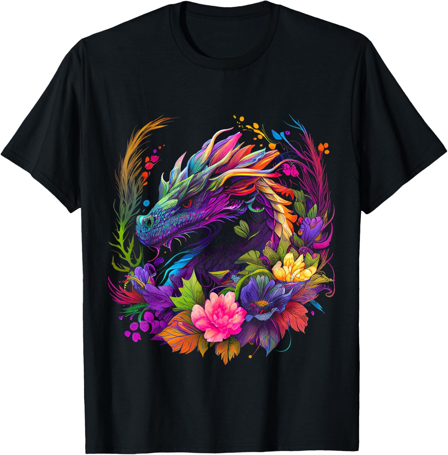 Watercolor Dragon Flowers Beautiful Art Colorful Graphic T-Shirt - T-Shirt | Black