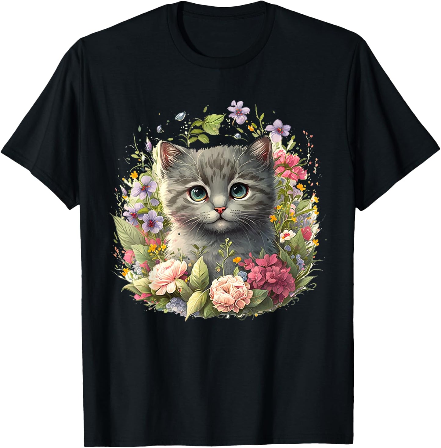 Adorable Cat, Cute Kitten Floral T-Shirt - T-Shirt | Black