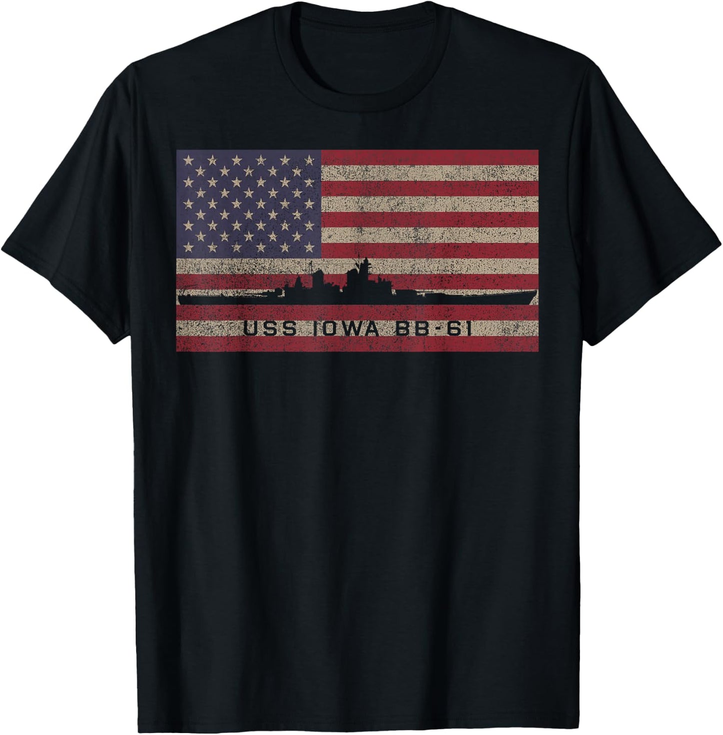 USS Iowa BB-61 WW2 Battleship USA American Flag T-Shirt - T-Shirt | Black