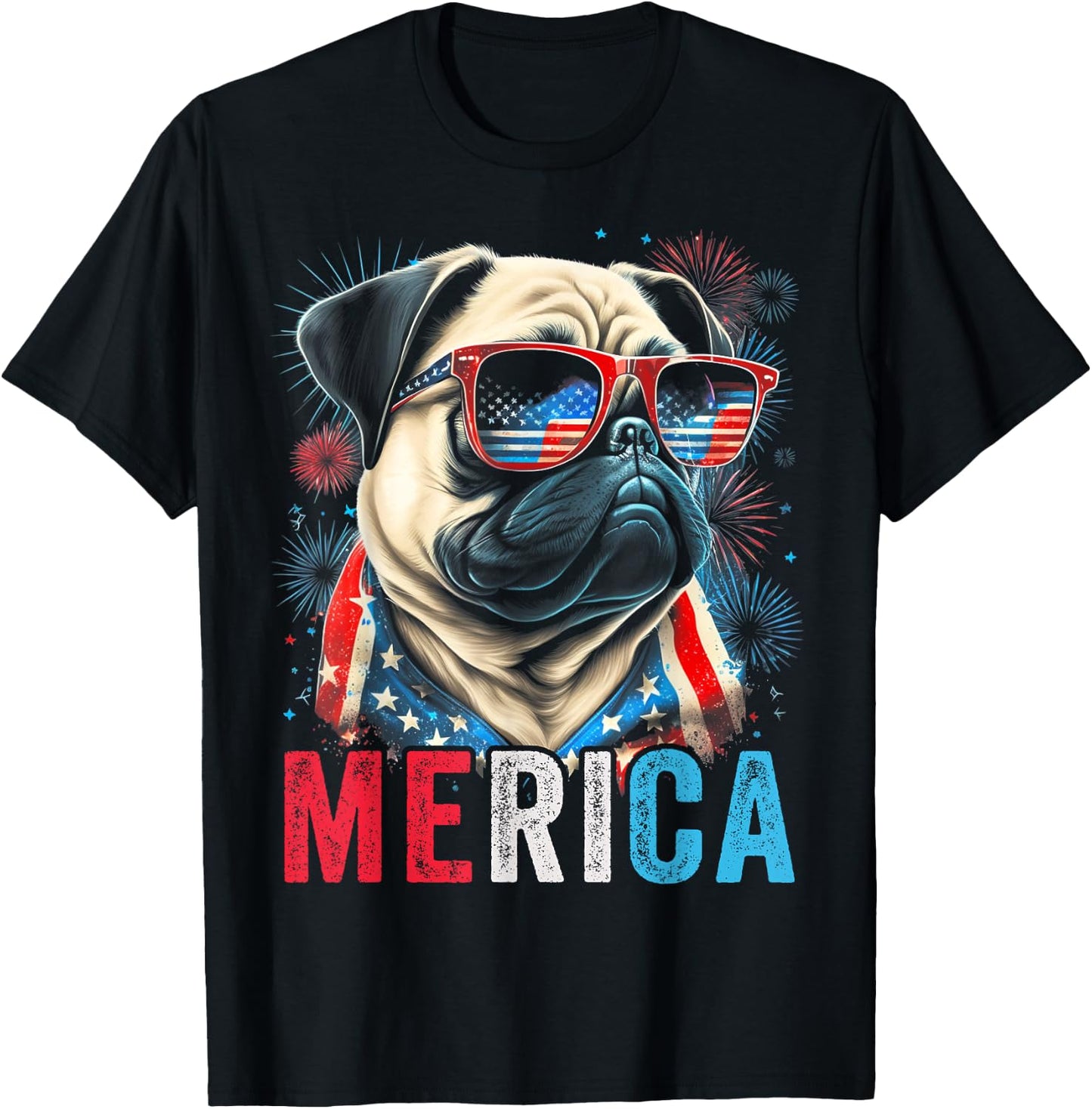 Pug Dog 4th of July American Flag America USA Merica Funny Kids Men T-Shirt - T-Shirt | Black