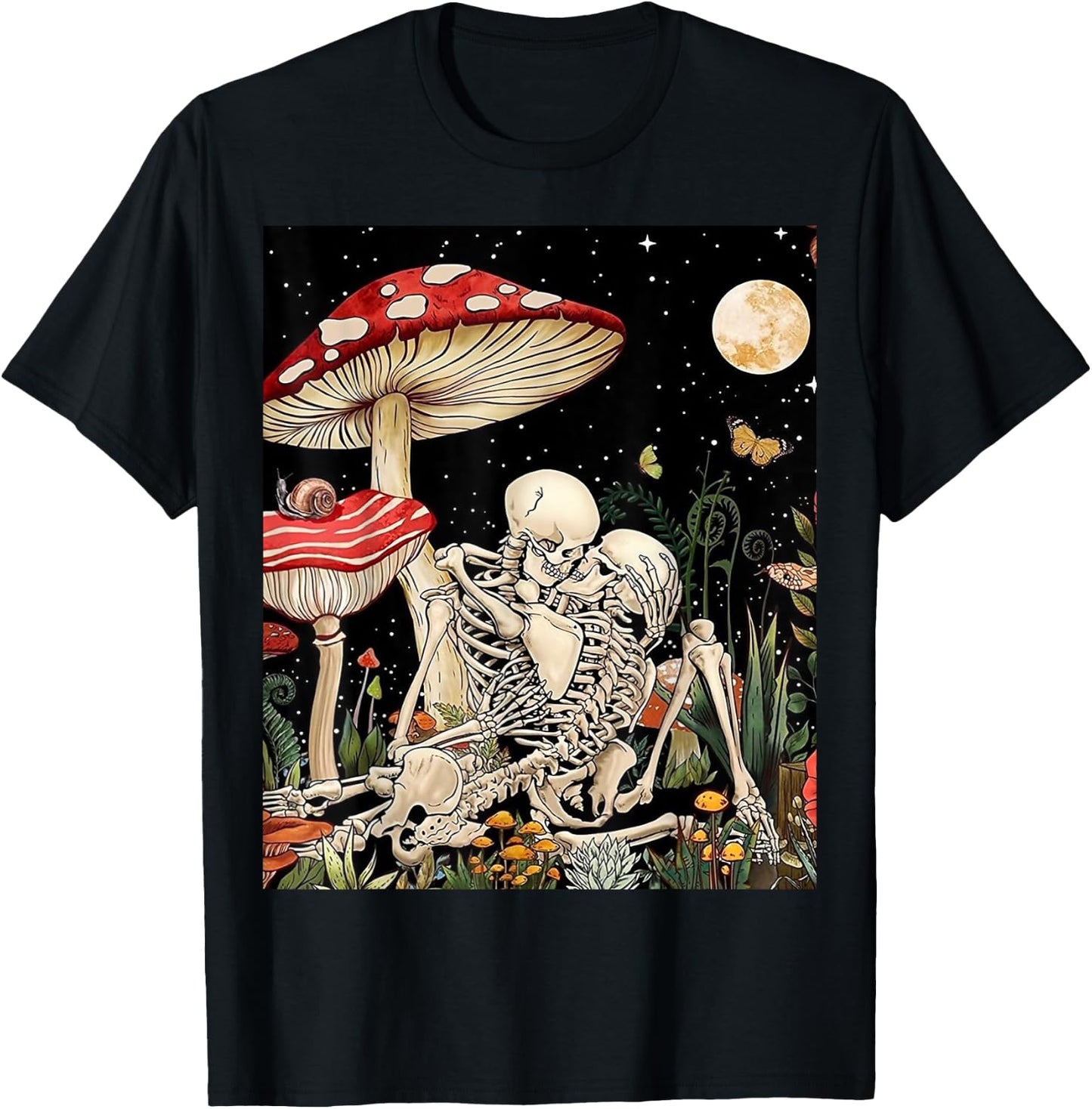 Boho Mushroom Retro Skeleton Couple Vintage Kiss Witchy Moth T-Shirt - T-Shirt | Black