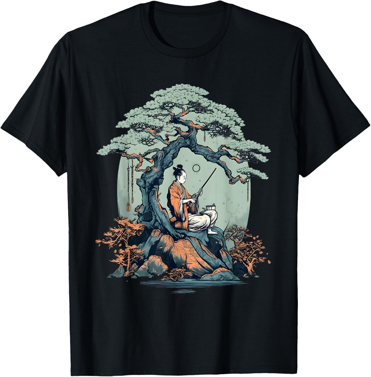 Relaxing Samurai Bonsai Tree T-Shirt - T-Shirt | Black