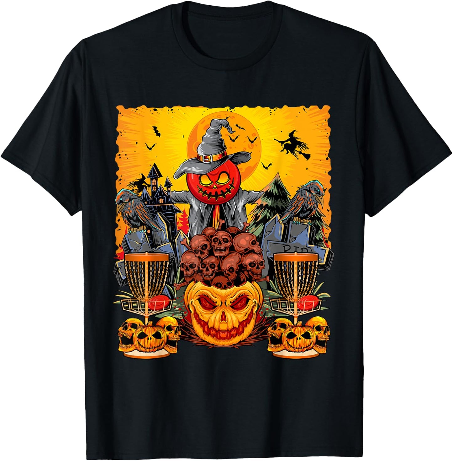 Disc Golf Faces Halloween Skulls Horror Pumpkins Player T-Shirt - T-Shirt | Black