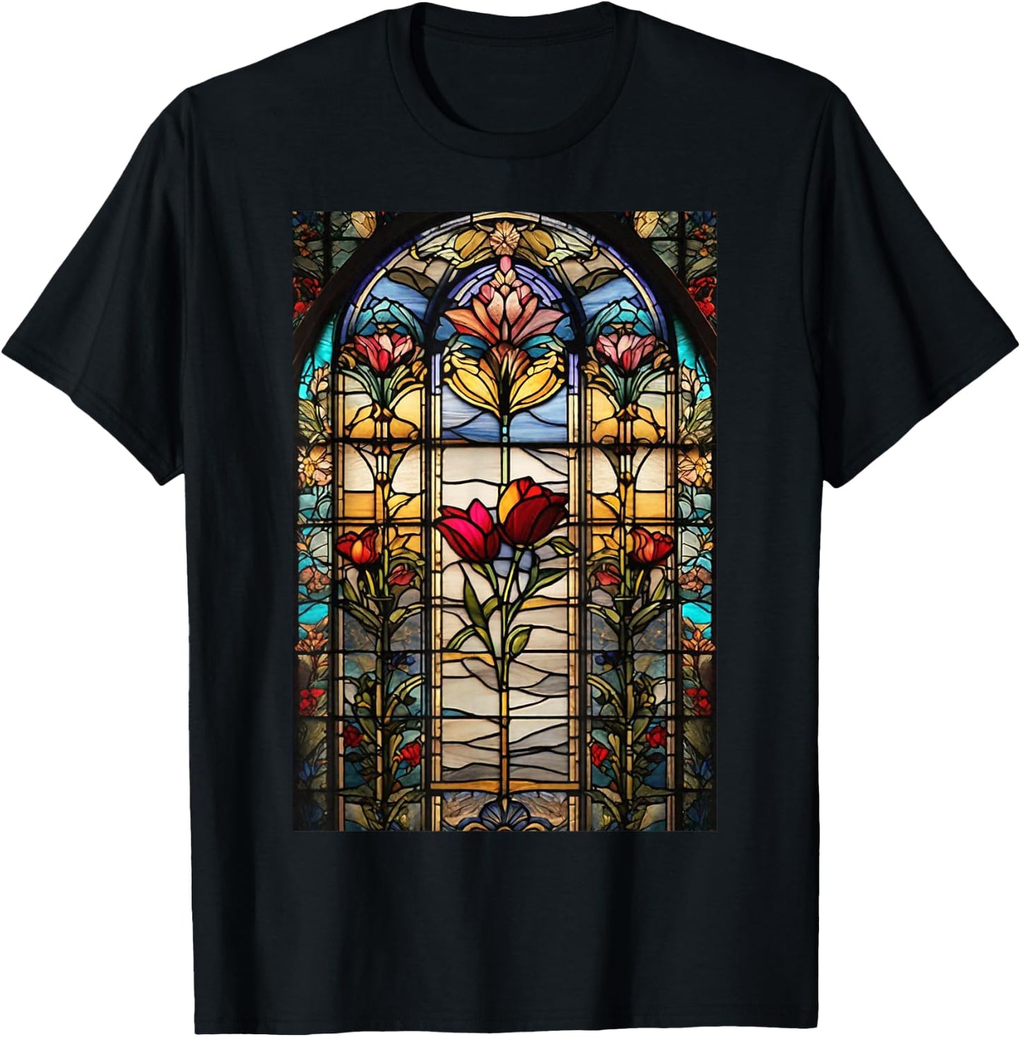 Stained-Glass Style Floral Art Flowers Surreal Print T-Shirt - T-Shirt | Black