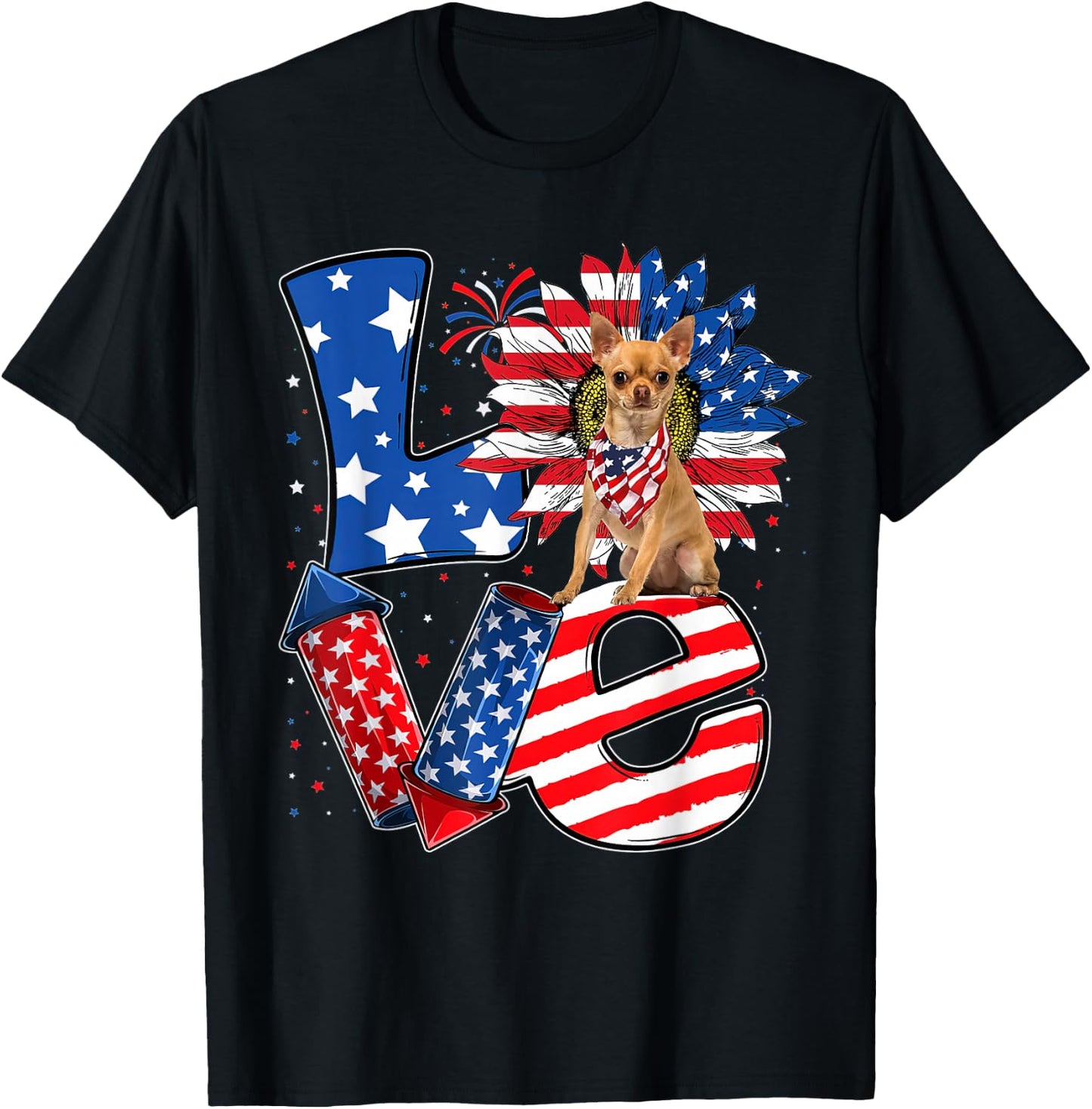 4th of July Decor Patriotic LOVE Chihuahua Dog USA Flag T-Shirt - T-Shirt | Black