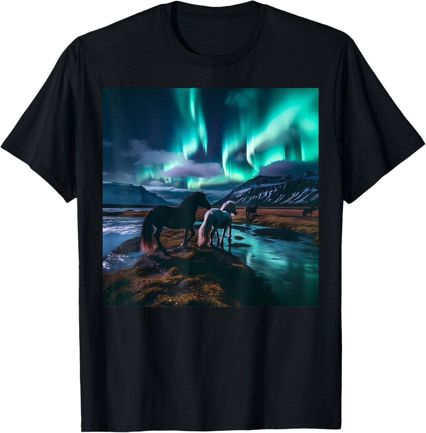 Iceland Northern Lights Landscape Wilderness Horse Souvenir T-Shirt - T-Shirt | Black