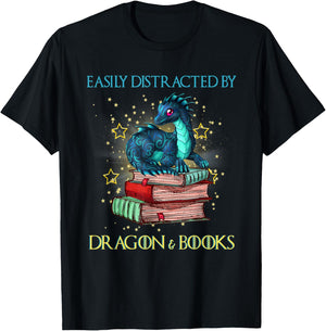 Easily Distracted By Dragons And Books Nerd Dragon Lover T-Shirt - T-Shirt | Black