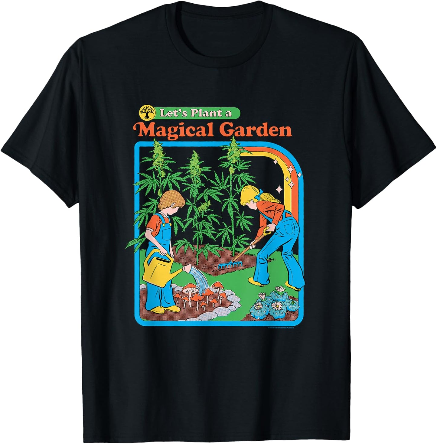 Steven Rhodes Magical Mushroom Garden Retro Dark Humor T-Shirt - T-Shirt | Black