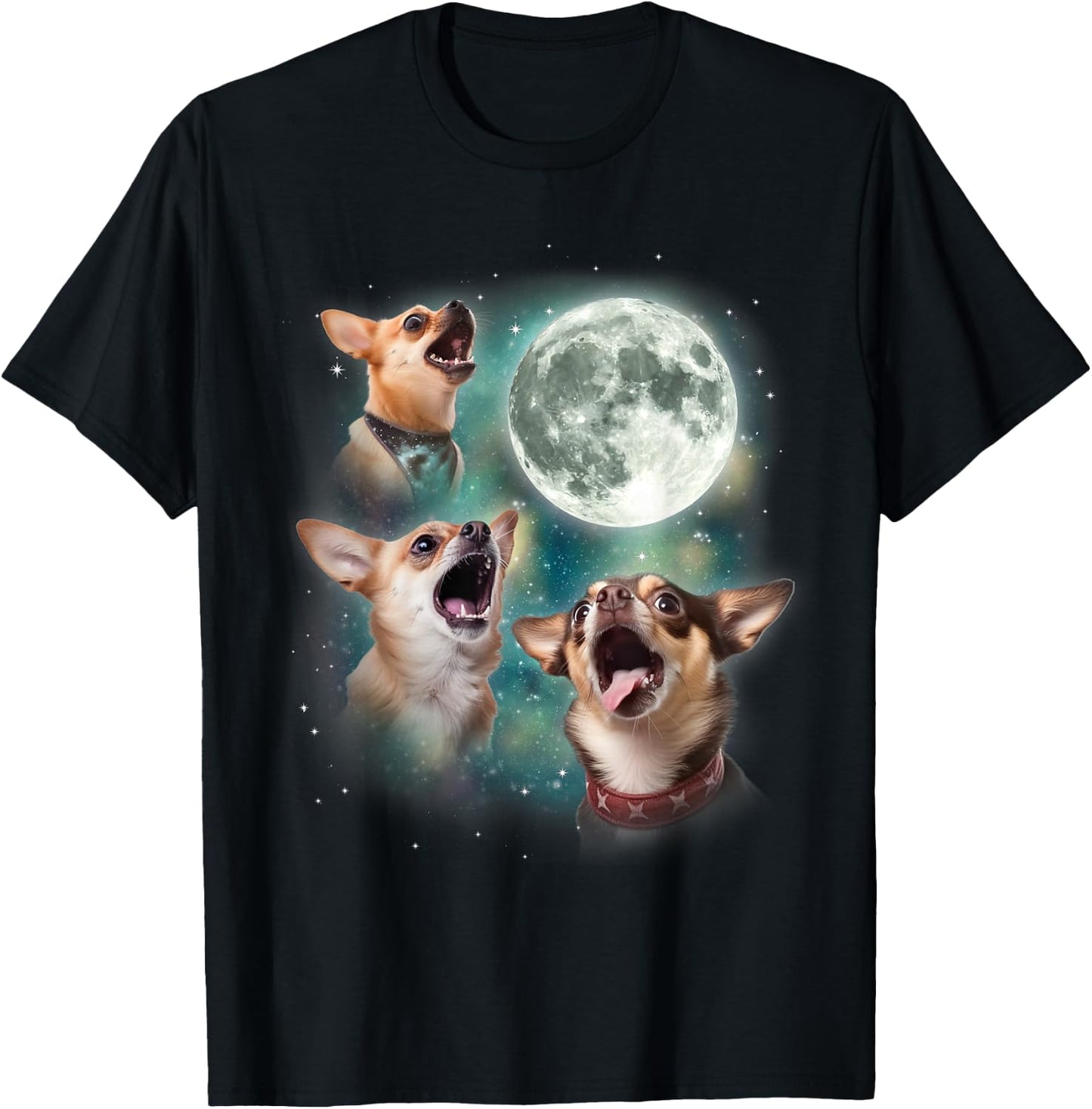 Three Chihuahuas Howl at Moon | 3 Dogs Funny Wolves Parody T-Shirt - T-Shirt | Black