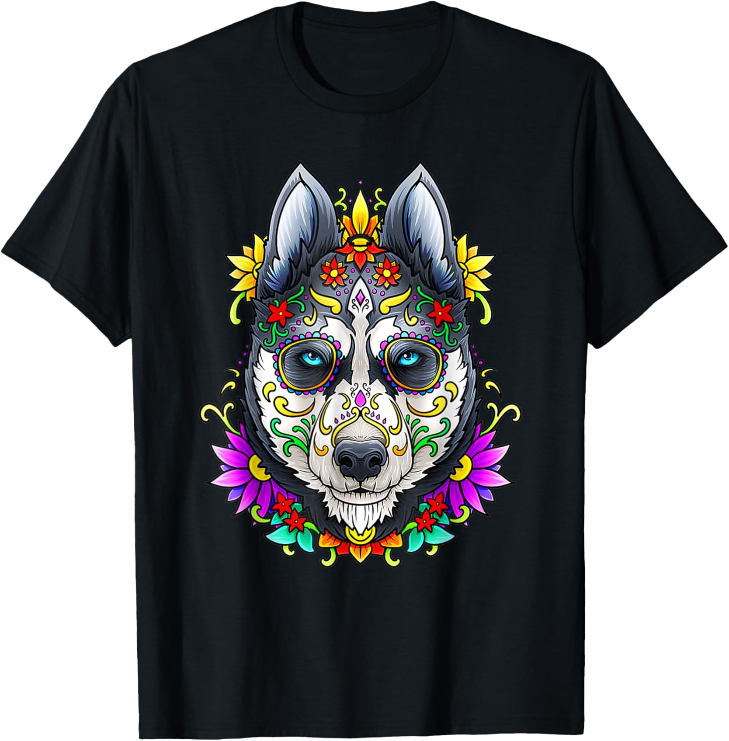 Alaskan Husky Skull Dog Day of The Dead Sugar Skull Dog Women Kids T-Shirt - T-Shirt | Black