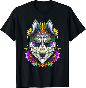 Alaskan Husky Skull Dog Day of The Dead Sugar Skull Dog Women Kids T-Shirt - T-Shirt | Black