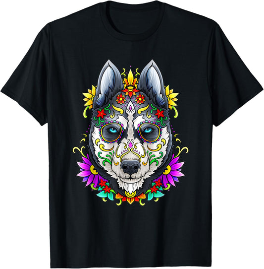 Alaskan Husky Skull Dog Day of The Dead Sugar Skull Dog Women Kids T-Shirt - T-Shirt | Black