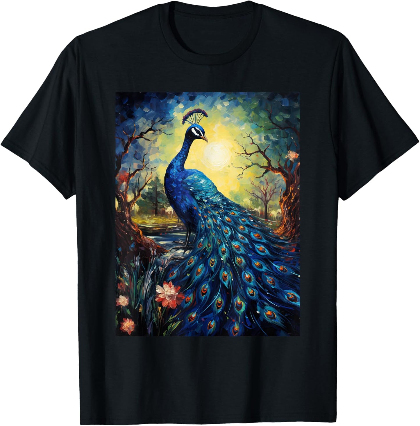 Peacock Starry Night Van Gogh Style Graphic T-Shirt - T-Shirt | Black