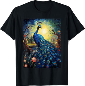 Peacock Starry Night Van Gogh Style Graphic T-Shirt - T-Shirt | Black