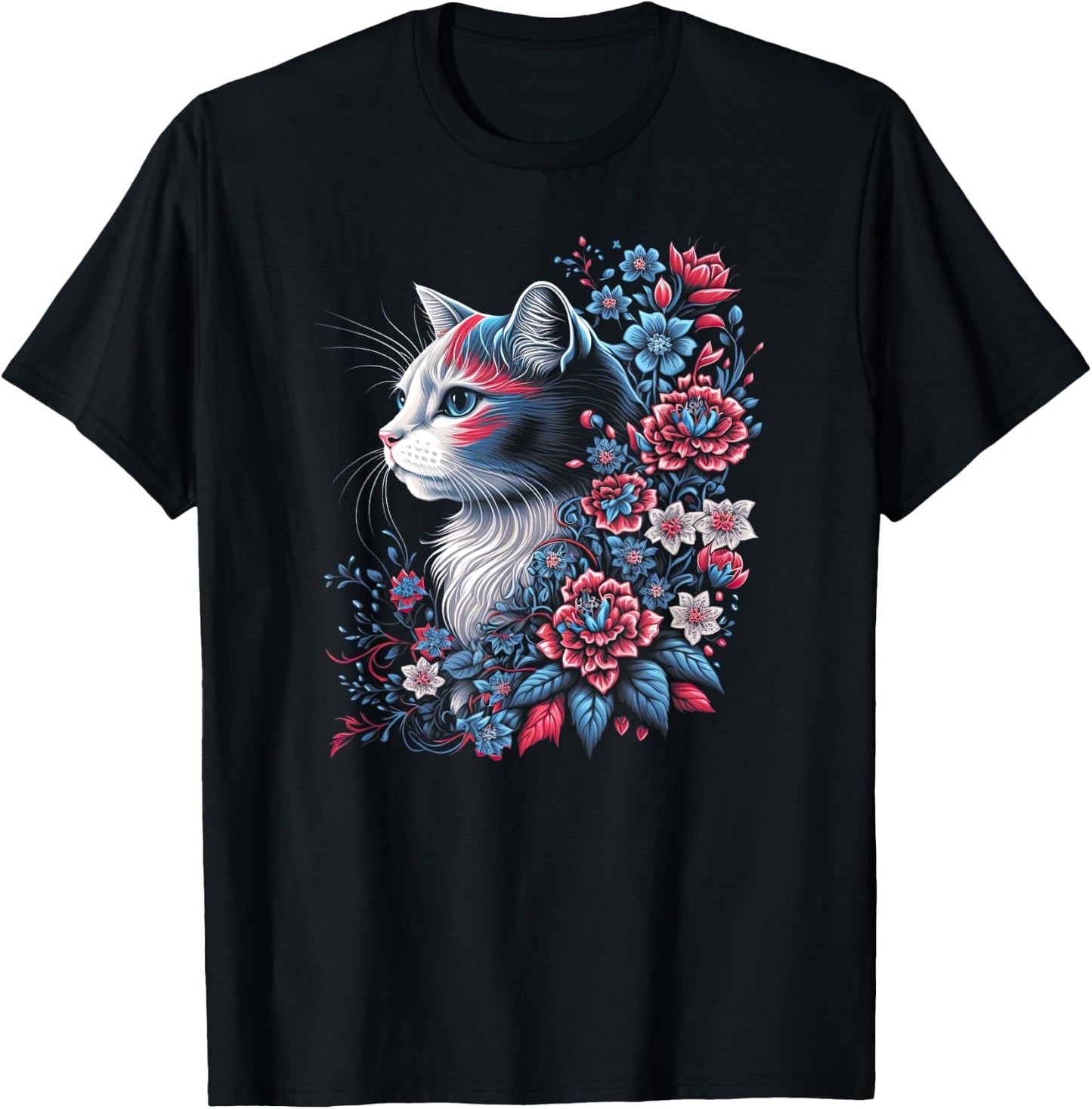 Floral Cat - Red White and Blue 4th of July Patriotic Women Kids Men T-Shirt - T-Shirt | Black
