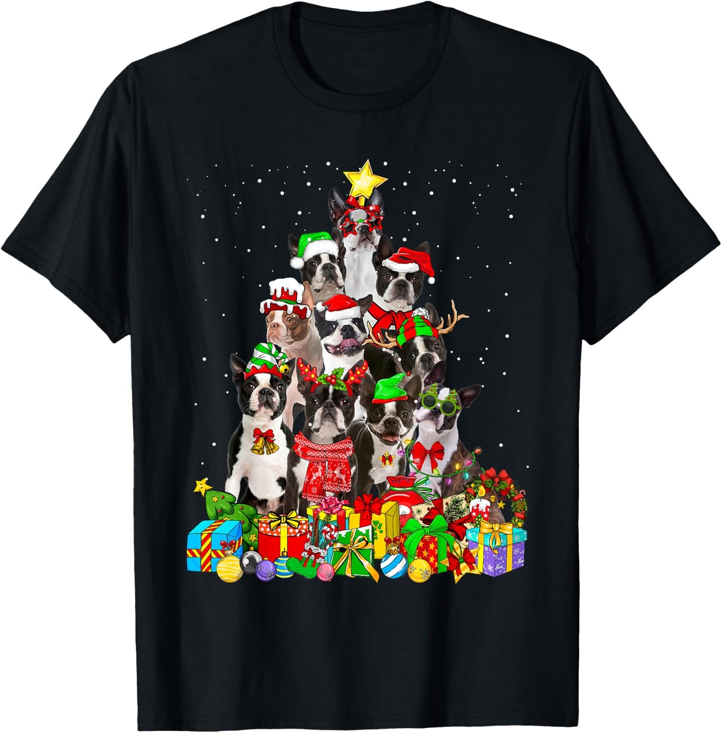 Funny Boston Terrier Dog Christmas Tree Lights Xmas Pajama Women Kids T-Shirt - T-Shirt | Black