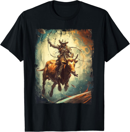 Space Rodeo Cowboy Western Southern Bull Riding T-Shirt - T-Shirt | Black