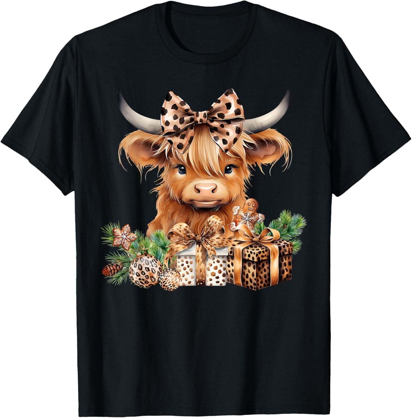 Baby Highland Cow Merry Christmas Leopard Cute Cow Farmer T-Shirt - T-Shirt | Black