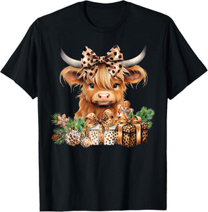 Baby Highland Cow Merry Christmas Leopard Cute Cow Farmer T-Shirt - T-Shirt | Black
