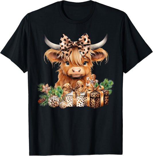 Baby Highland Cow Merry Christmas Leopard Cute Cow Farmer T-Shirt - T-Shirt | Black