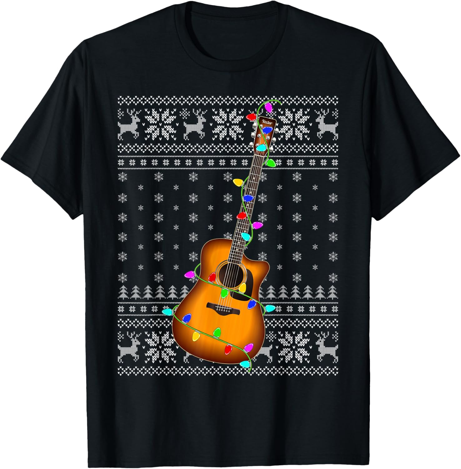 Guitar Music Lover Xmas Lighting Ugly Guitar Christmas T-Shirt - T-Shirt | Black